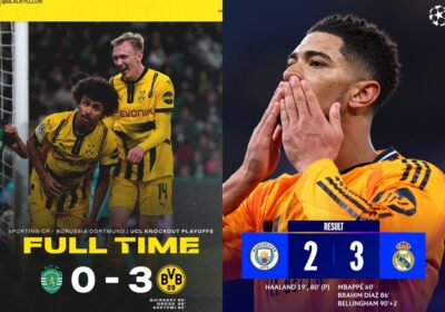 Champions league play-off Man City 2-3 Real Madrid, Sporting 0-3 Dortmund