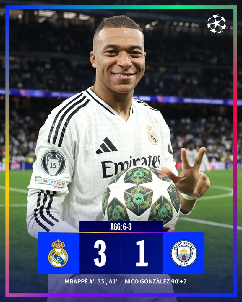 Mbappe giành danh hiệu MPV trận đấu sau khi ghi hat-trick giúp Real Madrid hủy diệt Man City