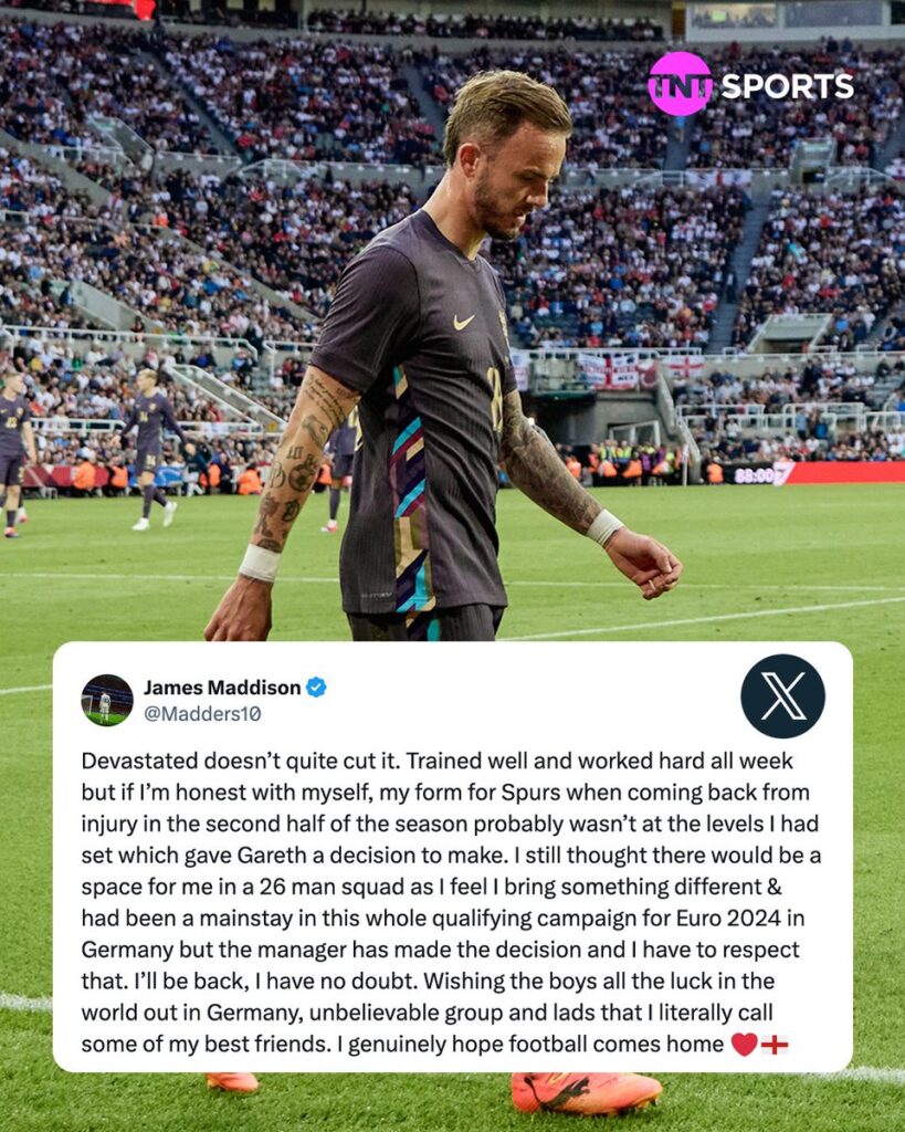 James Maddison expresses his frustration after being left out of Euro 2024 squad