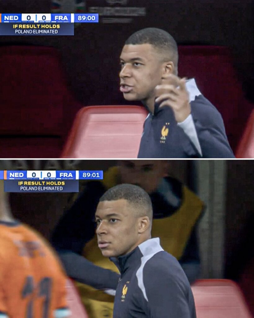 Mbappe was frustrated as an unused sub during France vs Netherlands.