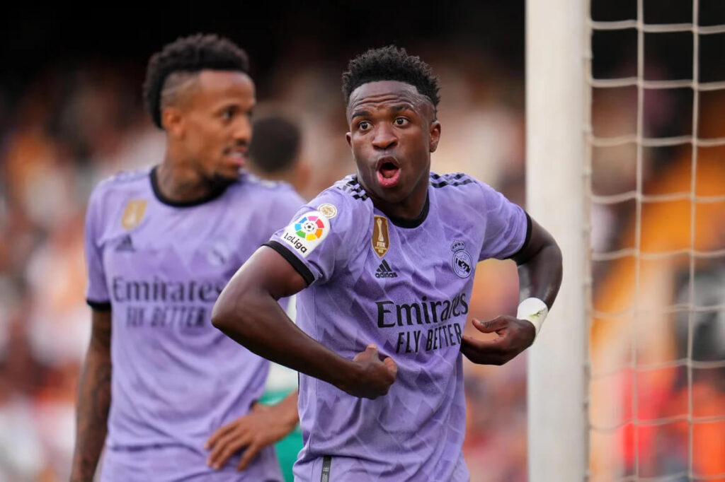 Vinicius Junior reacts after receiving racist abuse during Real Madrid's LaLiga match vs Valencia at the Estadio Mestalla on May 21, 2023. 