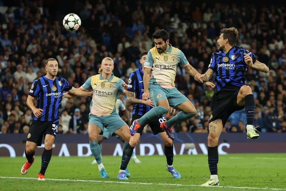 City's Ilkay Gundogan (fourth from left), attempts a goal during a Champions League match agains Inter Milan. City and Inter ended with a scoreless draw,