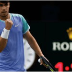 Spain's Carlos Alcaraz, pumps his first at the 2024 Rolex Paris Masters on Tuesday. Alcaraz advances in Paris Masters