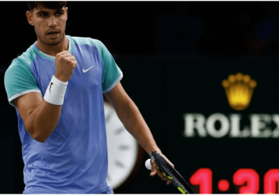 Spain's Carlos Alcaraz, pumps his first at the 2024 Rolex Paris Masters on Tuesday. Alcaraz advances in Paris Masters