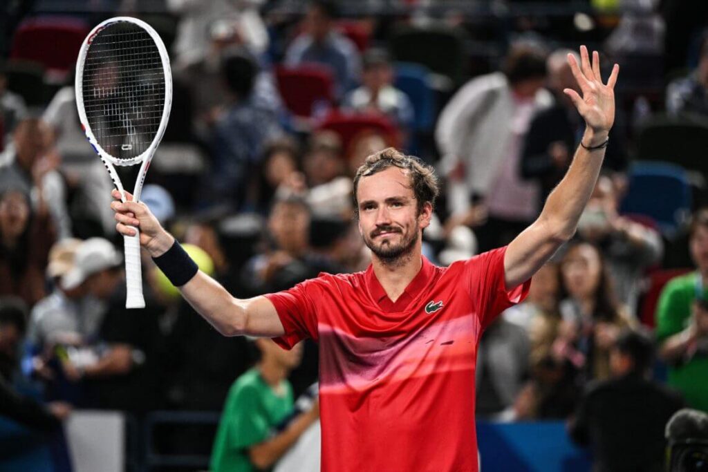 Dannil Medvedev acknowledges the crowd after beating Stefanos Tsitsipas at the Shanghai Open. Jannik Sinner spoils Ben Shelton's birthday with a win.