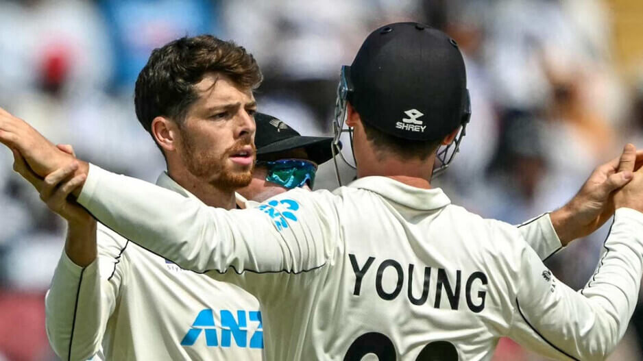 Mitchell Satner, from left, celebrates with a teammate in the Black Caps Test against India. Satner ready for 'different' Test in Mumbai after Black Caps' win