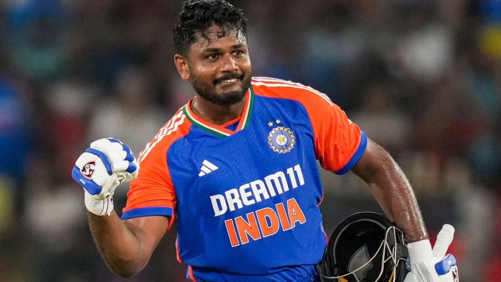 Sanju Samson pumps his fist in celebration in India's latest Test match against Bangladesh. Sanju Samson was honored after topping Rohit Sharma's T20I record.