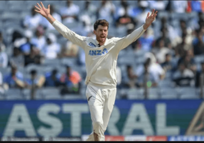 Mitchell Satner, in white uniform, celebrates in the Black Caps' Test against India. Satner ready for 'different' Test in Mumbai after Black Caps' win