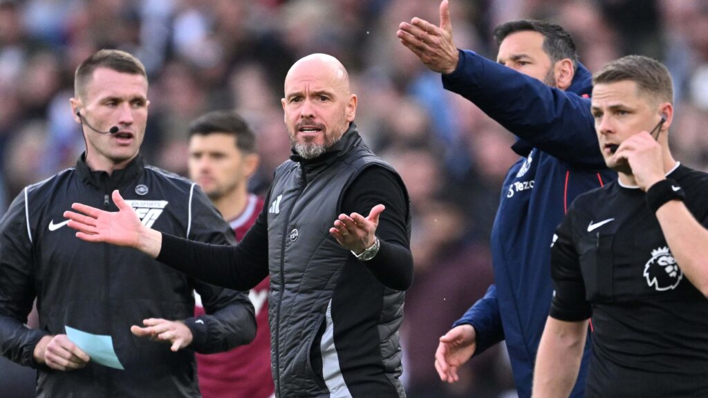 Man United manager Erik Ten Hag gestures to a referee following his team's recent match against West Ham on Sunday. Ten Hag says VAR intervention 'unfair, unjust' after United loss