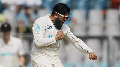 
Ajaz Patel celebrates during New Zealand's third Test against India on Sunday.  Patel fires 11 wickets to power New Zealand over India in third Test