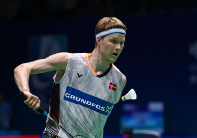 Denmark's Anders Antonsen, in light gray shirt,