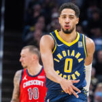 Indiana forward Tyrese Haliburton walks away from the action in this new file photo. Haliburton to keep 'my joy' for basketball after his 9 treys lift Pacers