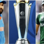 A player from India (left) and Pakistan (right) flank the Champions Trophy 2025 (middle) trophy in this file photo. ICC 'not comfortable' on hybrid model for Champions Trophy 2025