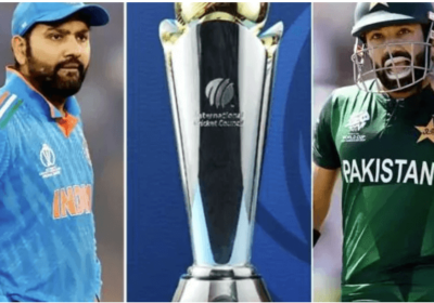 A player from India (left) and Pakistan (right) flank the Champions Trophy 2025 (middle) trophy in this file photo. ICC 'not comfortable' on hybrid model for Champions Trophy 2025