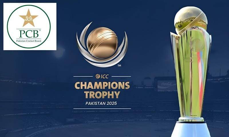 A player from India (left) and Pakistan (right) flank the Champions Trophy 2025 (middle) trophy in this file photo. ICC 'not comfortable' on hybrid model for Champions Trophy 2025