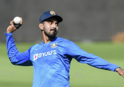 KL Rahul, in blue uniform woith cap, is ready to flick the ball back in file photo. Rahul seen as possible Sharma replacement as India skipper