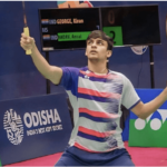 India's Kiran George, in striped shirt, gets ready for a shot at Iksan City, South Korea, on Wednesday. George and Malaysia's Aaron-Wooi Yik beat foes to reach Korea Masters quarters