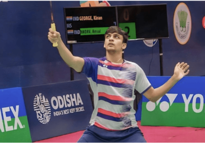 India's Kiran George, in striped shirt, gets ready for a shot at Iksan City, South Korea, on Wednesday. George and Malaysia's Aaron-Wooi Yik beat foes to reach Korea Masters quarters