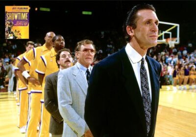 Pat Riley, right, in black suit, watches the action from the bench when he was coach of the LA Lakers in th 1980s. Lakers to honor Pat Riley with statue outside arena