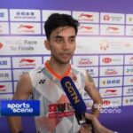 India's Lakshya Sen fields questions from reporters after a match in this file photo. Sen ousts Gemke in China Masters 2024