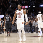 Cleveland guard Donovan Mitchell celebrates after a break from the Cleveland-Chicago match on Monday. The Cavs set a record as the seventh team with a 12-0 start on Monday after Cleveland beat the Chicago Bulls.