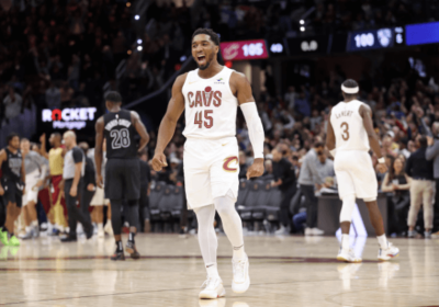 Cleveland guard Donovan Mitchell celebrates after a break from the Cleveland-Chicago match on Monday. The Cavs set a record as the seventh team with a 12-0 start on Monday after Cleveland beat the Chicago Bulls.