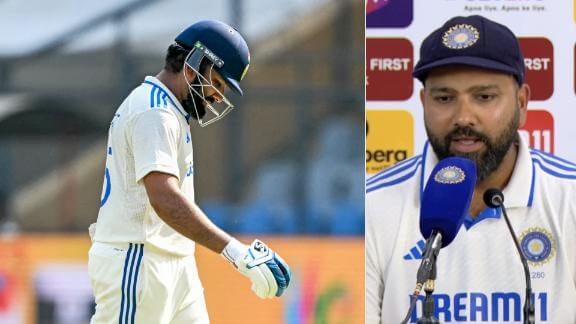 Rohit Sharma, left, in action, and while fielding questions (right) in file photos. Sharma disappointed India 'failed as a unit' after whitewash vs NZ