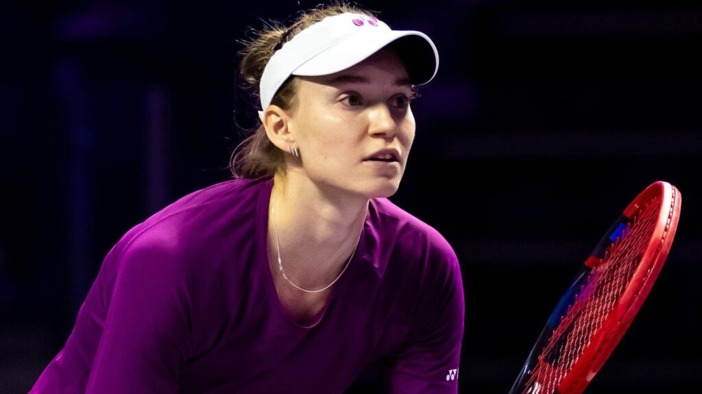 Elena Rybakina, in purple shirt, in action in old file photo. Rybakina hands Sabalenka first loss in WTA Finals