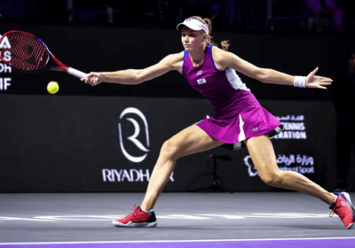 Elena Rybakina, attempts to return the ball in her WTA Finals match against Aryna Sabalenka on Wednesday. Rybakina hands Sabalenka first loss in WTA Finals