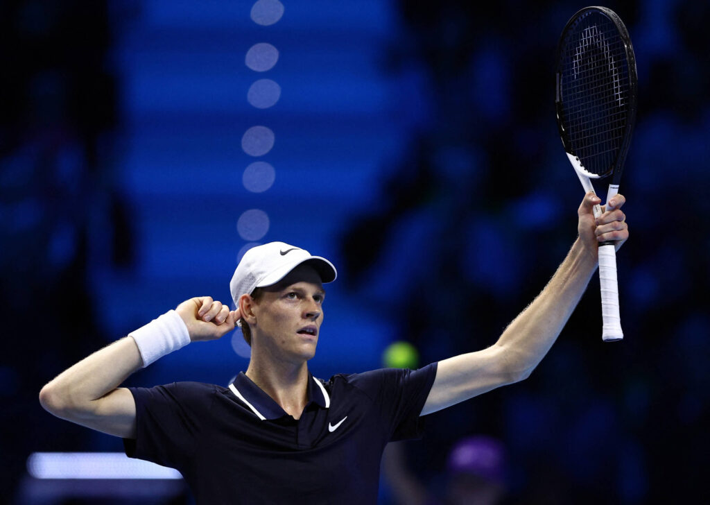 Jannik Sinner acknowledges cheers from the crowd in Turin, Italy, on Tuesday. Sinner perfect in ATP Finals before home crowd