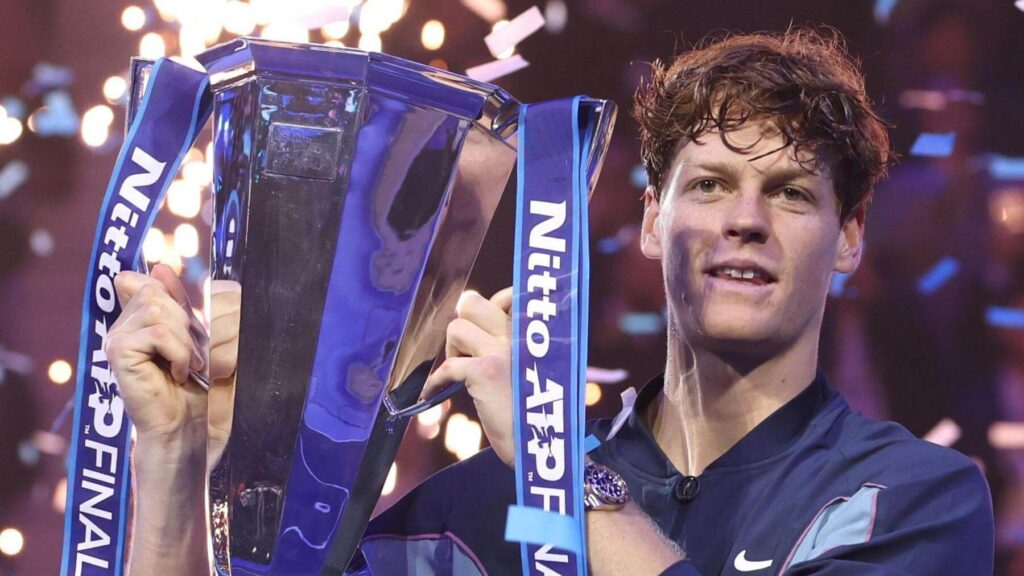 World No.1 Jannik Sinner raises his trophy in his final against Taylor Fritz on Sunday. Sinner raises ATP Finals trophy after dropping Fritz in final