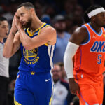 Warriors guard Stehpehn Curry, right in blue jersey, drops the "night night" gesture against the OKC Thunder on Sunday. Stephen Curry makes "night night" celebration on Sunday as the Golden State Warriors defeated the Oklahoma City Thunder.