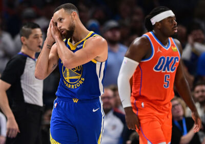 Warriors guard Stehpehn Curry, right in blue jersey, drops the "night night" gesture against the OKC Thunder on Sunday. Stephen Curry makes "night night" celebration on Sunday as the Golden State Warriors defeated the Oklahoma City Thunder.