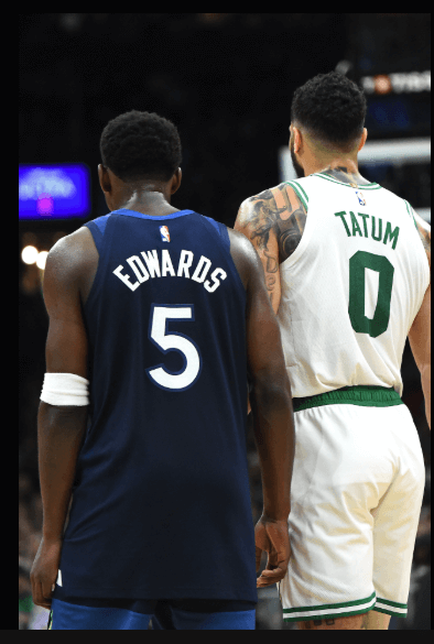 Minnesota's Anthony Edwards (left, 5), and Boston's Jayson Tatum (right, 5), stand side-by-side in their team's match on Sunday. Tatum gets 'fun' at Edwards' trash-talk antics as Celtics top Wolves