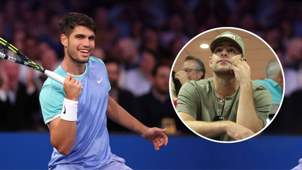 Spain's Carlos Alcaraz (left, in blue shirt and shorts) pumps his fist while retired American tennis legend Andy Roddick (right, inset) looks on in file photo. Alcaraz has to learn 'how to say no' to manage schedule, says Roddick