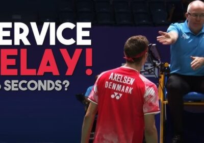 Denmark's Viktor Axelsen (right, in red shirt uniform) stresses a point to the umpire in file photo. BWF to crack down on delaying service in doubles matches