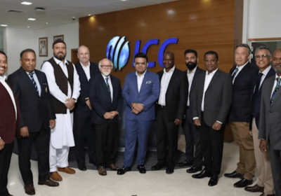 New ICC president Jay Shah (center, in blue suit) was flanked by the ICC board in its meeting in Dubai on Thursday. ICC agrees to hybrid model to all events until 2027