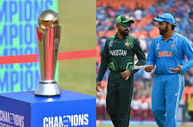 The Champions Cup Trophy hardware (left) and player each from Pakistan (green) and India (blue) are featured in this collage file photo. ICC formalizes neutral venue setup for Pakistan-India matches