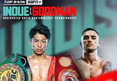 Japan's Naoya Inoue (left) and Australia's Sam Goodman (right) pose at a promotional poster for their upcoming fight. Inoue focused in public workout