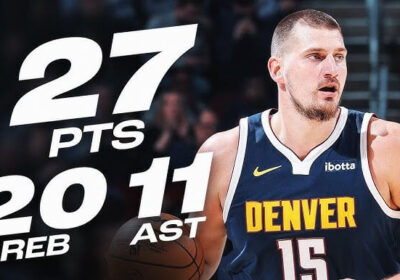 Denver Nuggets center Nikola Jokic (15) gestures with his numbers in Thursday's game against the Cleveland Cavaliers. Jokic passes Magic in triple-double record in Nuggets loss to Cavs