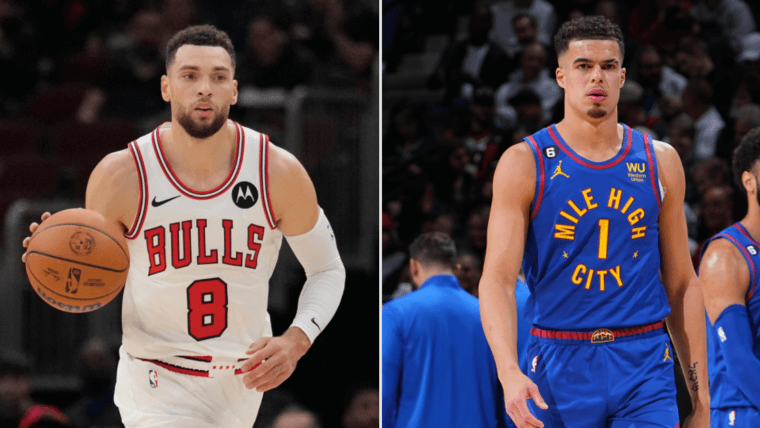 Chicago guard Zack Lavine (8) and Denver forward Michael Porter Jr (1) are mentioned as possible trade talks swirl. LaVine eyed by Nuggets to add offense to Jokic, Murray