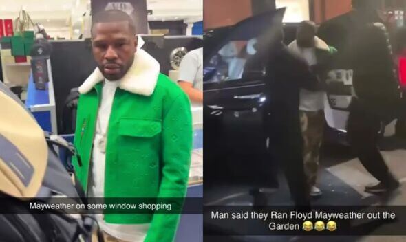 American retired boxer Floyd Mayweather (left, in green coat), dazes at the crowd after an incident in London on Wednesday even as an image of the incident (right) was also shown.  Mayweather 'wasn't punched or touched' amid London 'mob attack'