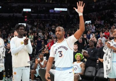 San Antonio guard Chris Paul (3) acknowledges the cheers of the crowd at the Frost Bank Center on Sunday. Chris Paull passes Jason Kidd to second in the NBA's all-time career assists' record on Sundayt after the San Antonio Spurs' latest win.