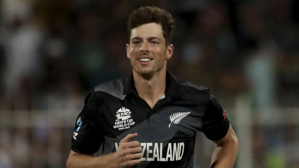 Mitchell Santner, middle, puts a smile to the crowd in a recent match in file photo.  Santner to go full-time as New Zealand white-ball captain