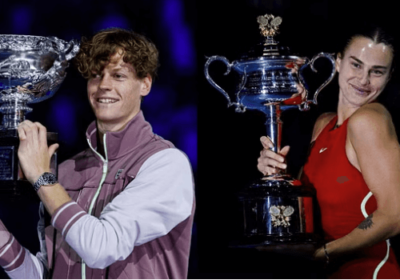 Italy's Jannik Sinner (left) and Belarus' Aryna Sabalenka (right) clutch their trophies in file photo. Sinner, Sabalenka lead tennis stars' visit at Abu Dhabi Grand Prix