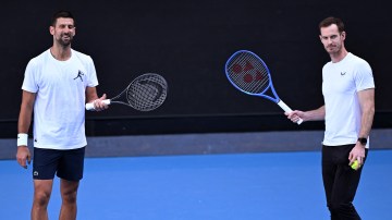 Novalk Djokovic (left) and Andy Murray (right) share a light moment in training in Melbourne on Wednesday. Murray 'absolutely fine' with Djokovic outbursts at Australian Open