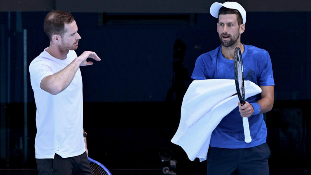 Andy Murray (left) and Novak Djokovic (right) discuss points to ponder while in training in Melbourne. Murray 'absolutely fine' with Djokovic outbursts at Australian Open