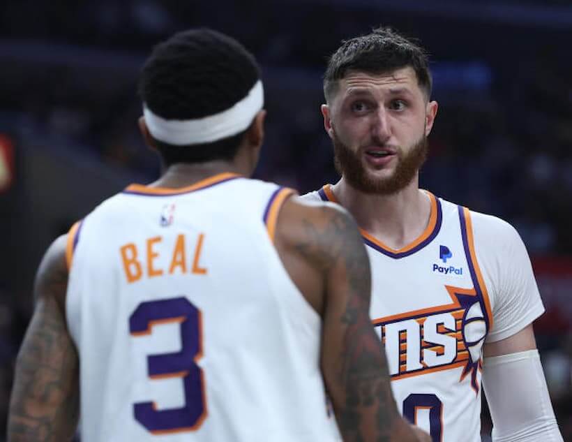 Bradley Beal (3), and Jusuf Nurkif (right) share a moment, in file photo. Beal drops 25 as a reserve as Suns shade Sixers