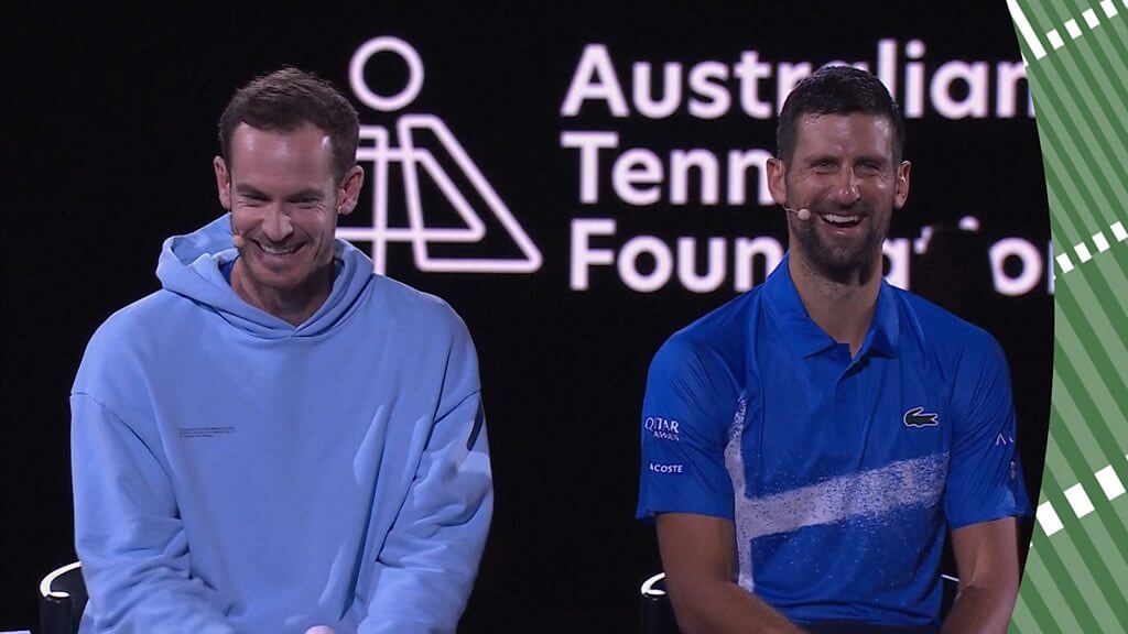 Serbia's Novak Djokovic (right) sits beside his new coach Andy Murray (left) at the Australian Open on Tuesday. Djokovic, Alcaraz hurdle Australian Open tests