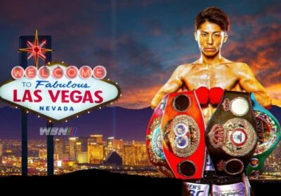 Japan's Naoye Inoue poses with the logo of Las Vegas in the background. Inoue set for Vegas fight